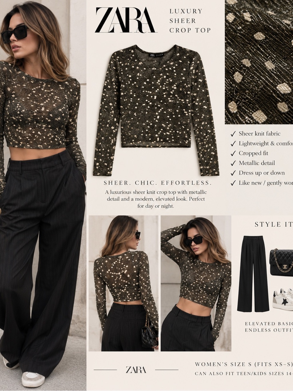 ZARA Sheer Gold / Black Metallic Crop Top – Size S